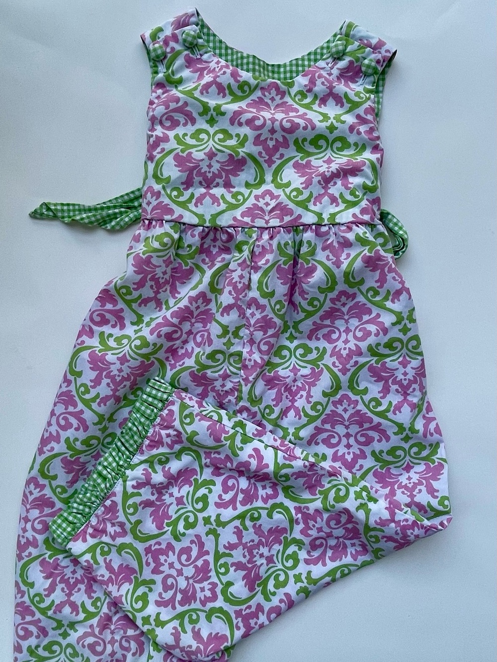 Toddler Pink & Green Damask Summer Romper — Handmade, Boutique inspired